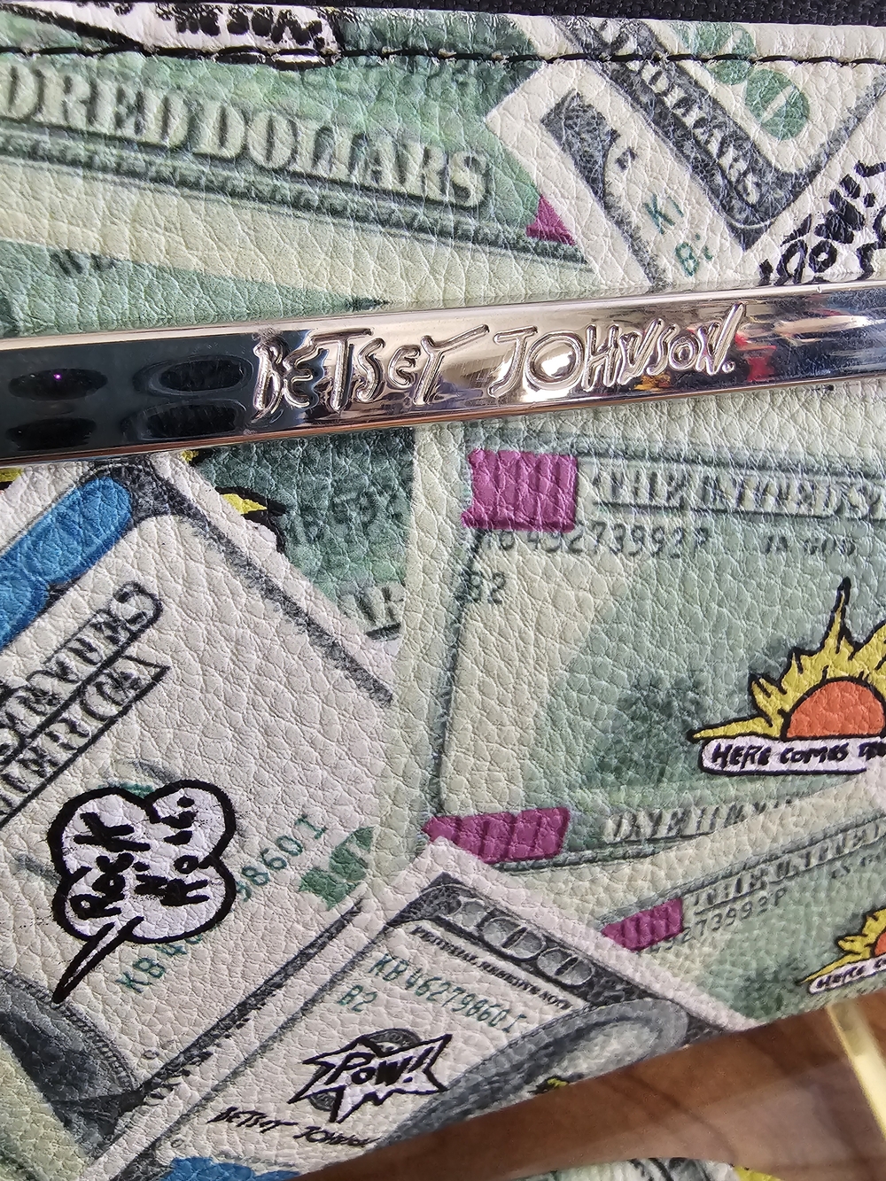 Betsey Johnson Money Print Zip Wallet Wristlet - Multi Green - Picture 3 of 8